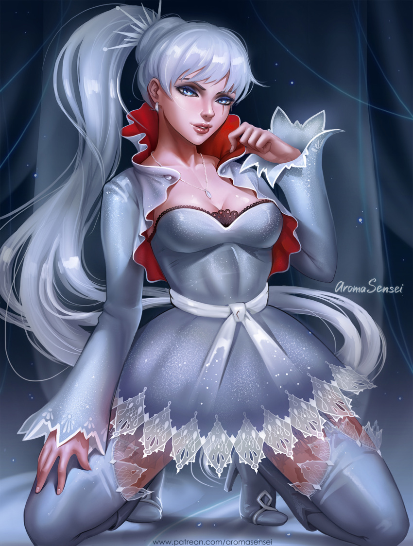 1girl aroma_sensei artist_name blue_eyes boots breasts cleavage cropped_jacket dress high_collar high_heel_boots high_heels highres jewelry kneeling lips long_hair long_sleeves medium_breasts necklace parted_lips patreon_username ponytail rwby scar scar_across_eye solo spread_legs strapless strapless_dress thigh-highs thigh_boots watermark web_address weiss_schnee white_dress white_hair