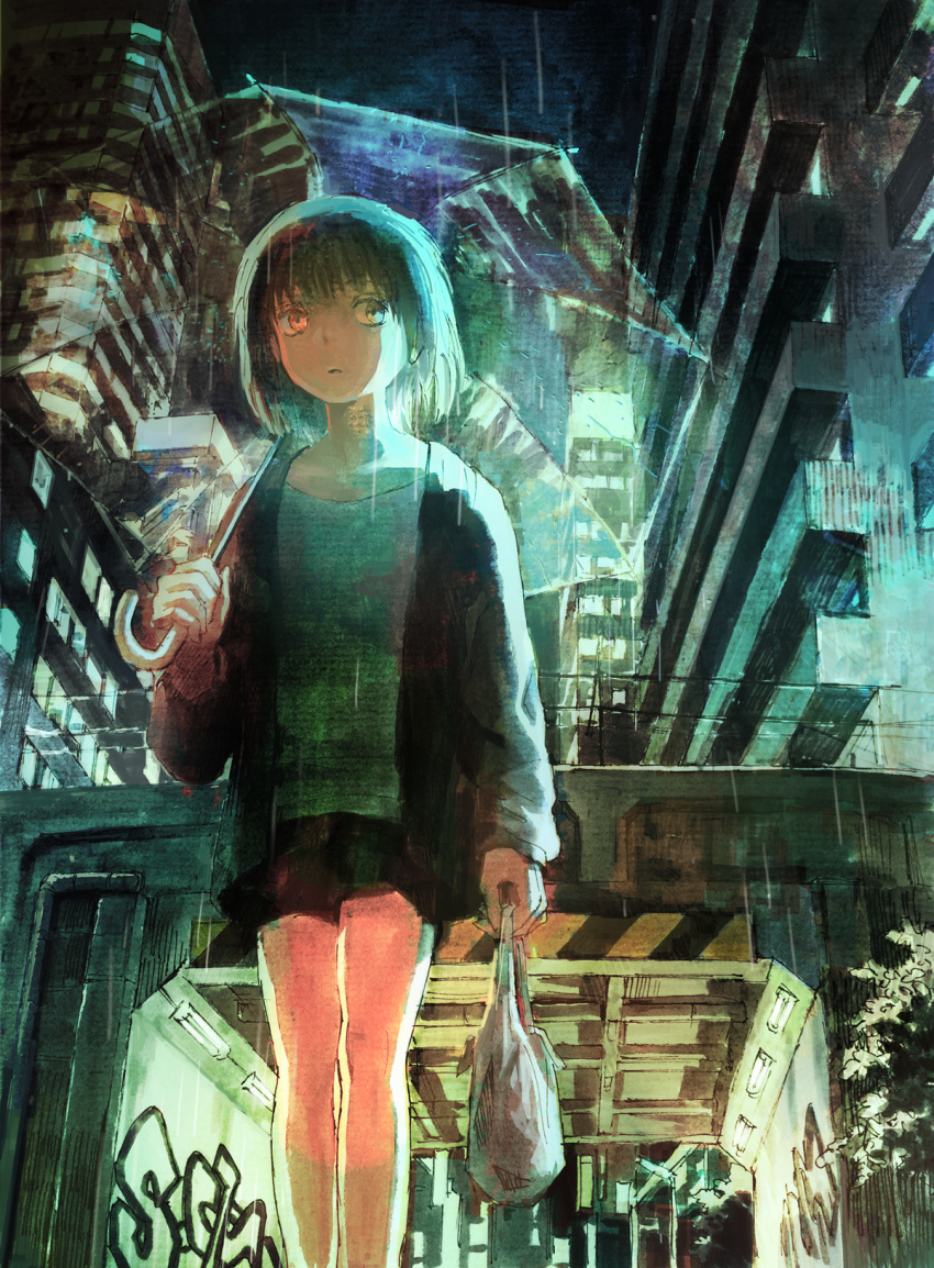 1girl bag black_hair brown_eyes building calligraphy_brush_(medium) city graffiti highres millipen_(medium) night original plastic_bag rain scenery short_hair tokunaga_akimasa traditional_media transparent_umbrella umbrella urban