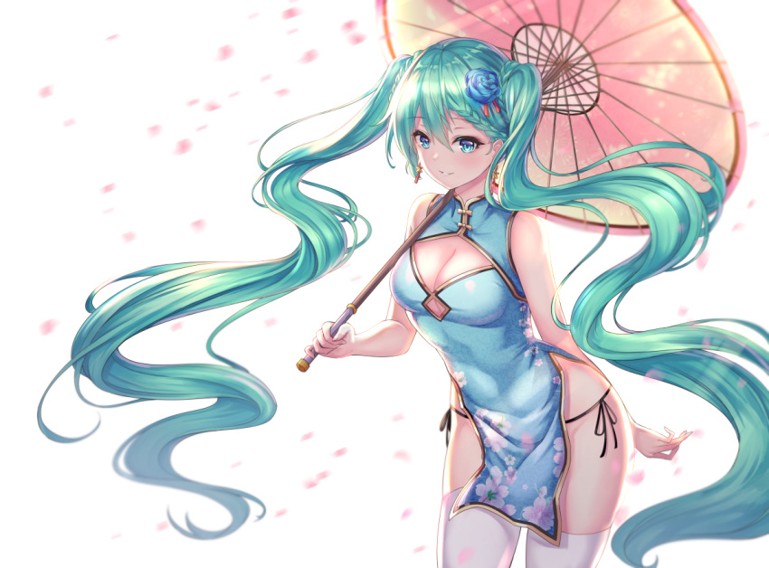 1girl aqua_hair bangs bare_arms bare_shoulders black_panties black_ribbon blue_dress blue_eyes blue_flower blue_rose blush braid breasts cenangam cleavage_cutout closed_eyes cowboy_shot dress earrings floral_print flower hatsune_miku holding holding_umbrella jewelry leaning_forward long_hair looking_at_viewer medium_breasts oriental_umbrella panties parted_lips pelvic_curtain print_dress ribbon rose shiny shiny_hair side-tie_panties simple_background sleeveless sleeveless_dress solo standing tareme thigh-highs twintails umbrella underwear very_long_hair vocaloid white_background white_legwear