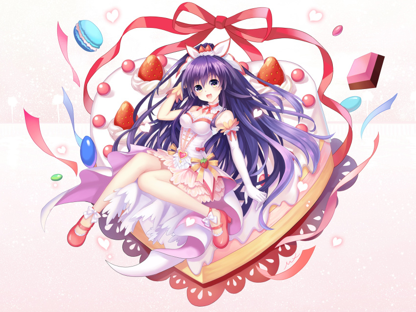 1girl :d alternate_costume ami_(mixin) armpits asymmetrical_gloves bare_legs bare_shoulders blush breasts chocolate date_a_live detached_collar dress food food_themed_hair_ornament fruit full_body gloves hair_between_eyes hair_ornament hair_ribbon heart heart-shaped_cake heart_background high_heels highres long_hair looking_at_viewer macaron mary_janes medium_breasts multicolored multicolored_eyes open_mouth purple_hair red_ribbon ribbon ribbon-trimmed_dress shoes shoulder_strap sitting smile solo strawberry strawberry_hair_ornament very_long_hair violet_eyes white_dress yatogami_tooka yellow_eyes