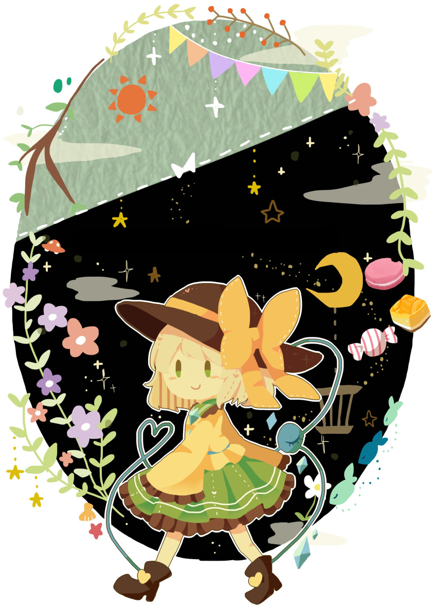 1girl absurdres black_footwear blush_stickers bow branch candy commentary_request crescent_moon day_and_night fish flower food frilled_skirt frilled_sleeves frills green_eyes green_hair green_skirt hat hat_bow hat_ribbon heart heart_of_string highres komeiji_koishi leaf long_sleeves macaron moon moyo_(amaniwa) ribbon shell skirt sleeves_past_fingers sleeves_past_wrists smile solo star string_of_flags sun sweets third_eye touhou wide_sleeves