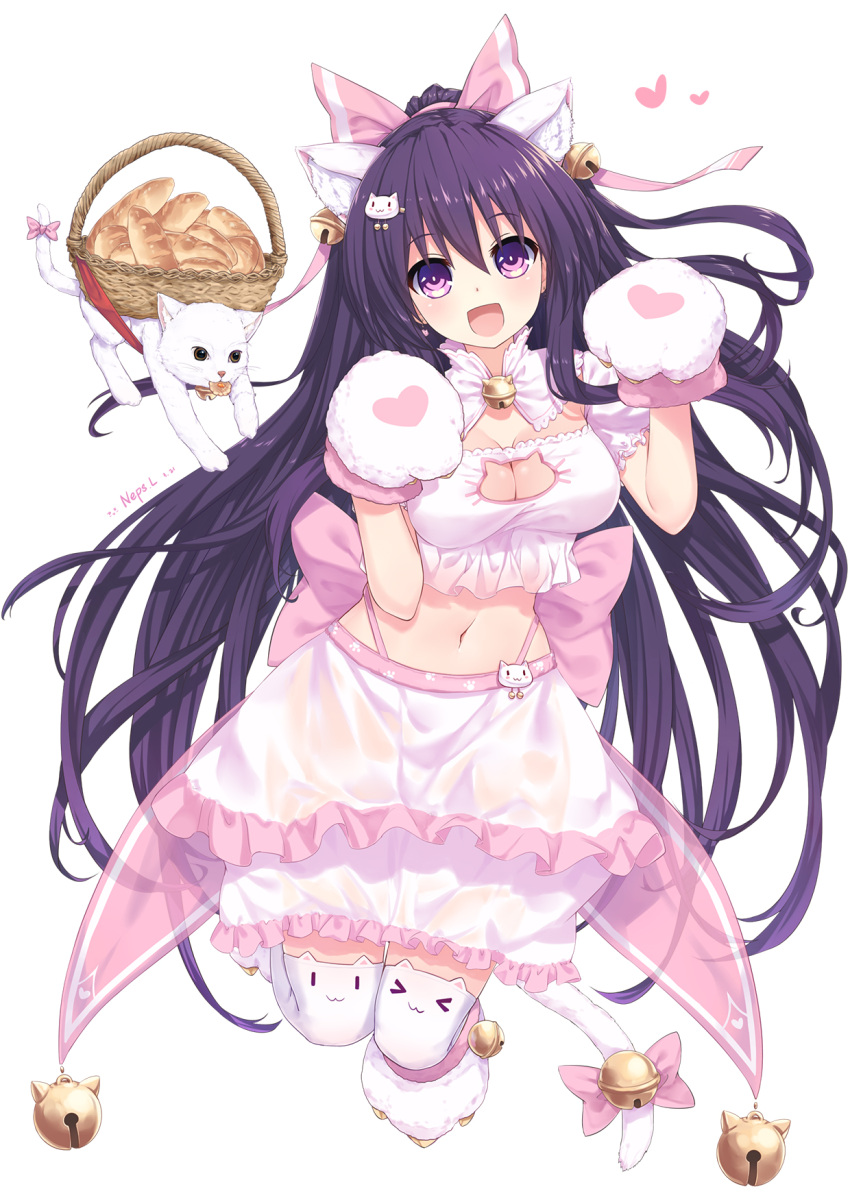 &gt;3&lt; 1girl :3 :d animal_ears animal_print basket bell bell_collar blush bra bread breasts cat cat_ears cat_hair_ornament cat_lingerie cat_print cat_tail cleavage cleavage_cutout collar commentary_request date_a_live food frilled_bra frills full_body gloves hair_ornament hair_ribbon hands_up heart heart_print highres long_hair looking_at_viewer medium_breasts meme_attire navel neps-l open_mouth paw_gloves paw_print paw_shoes paws pink_ribbon pink_skirt purple_hair ribbon ribbon-trimmed_skirt ribbon_trim shoes simple_background skirt smile solo tail thigh-highs underwear very_long_hair violet_eyes white_background yatogami_tooka