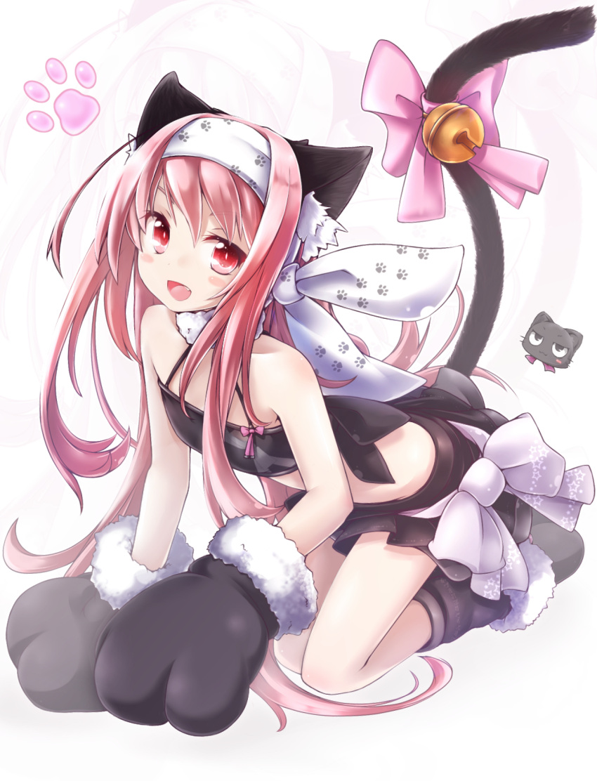 1girl akino_coto all_fours animal_ears bare_shoulders bell blush_stickers cat_ears gloves highres long_hair looking_at_viewer open_mouth original paw_gloves paws pink_hair red_eyes ribbon solo strapless tail tail_bell tail_ribbon tubetop