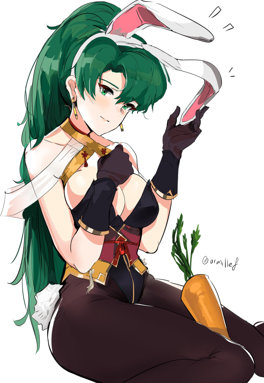 1girl absurdres animal_ears blush breasts bunnysuit dotentity fire_emblem fire_emblem:_rekka_no_ken fire_emblem_heroes fire_emblem_if gloves green_eyes green_hair high_ponytail highres jewelry kagerou_(fire_emblem_if) large_breasts long_hair looking_at_viewer lyndis_(fire_emblem) ponytail rabbit_ears simple_background smile solo very_long_hair white_background
