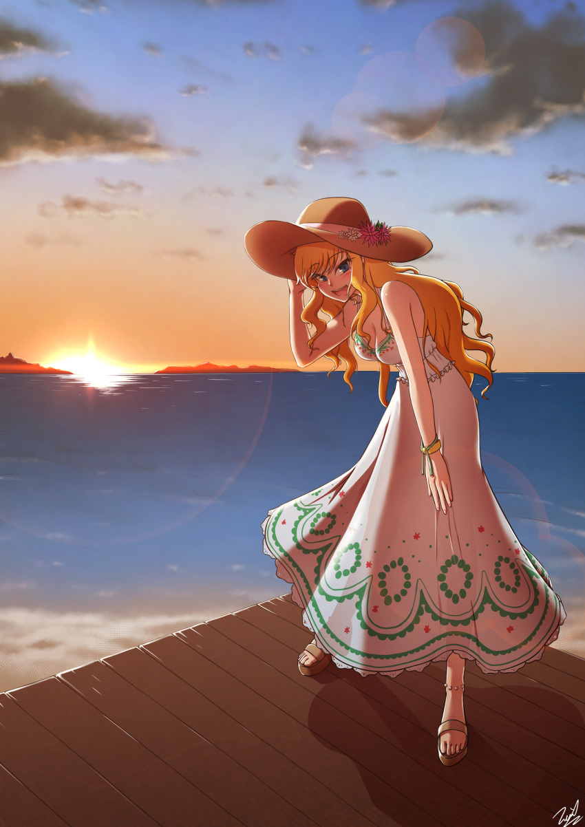 1girl :d absurdres blonde_hair blue_eyes blush bracelet breasts chanakim cleavage dress flower hat hat_flower highres idolmaster idolmaster_cinderella_girls jewelry leaning_forward long_hair looking_at_viewer o-ring ocean ootsuki_yui open_mouth pier sandals signature smile solo sun_hat sundress sunset
