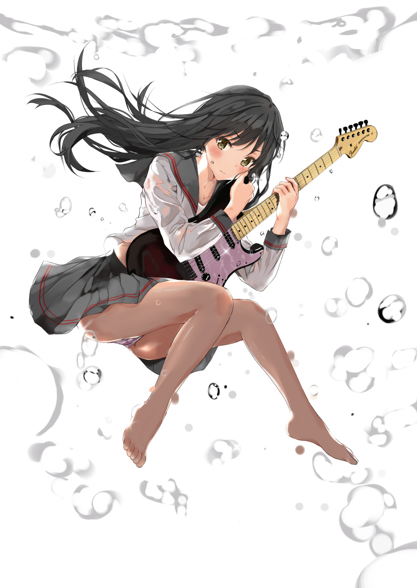 1girl absurdres air_bubble barefoot black_hair blush bubble eyebrows_visible_through_hair fujisaki_ribbon green_eyes guitar highres instrument long_hair looking_at_viewer original panties plaid plaid_skirt school_uniform see-through serafuku skirt solo stratocaster underwater underwear wet wet_clothes