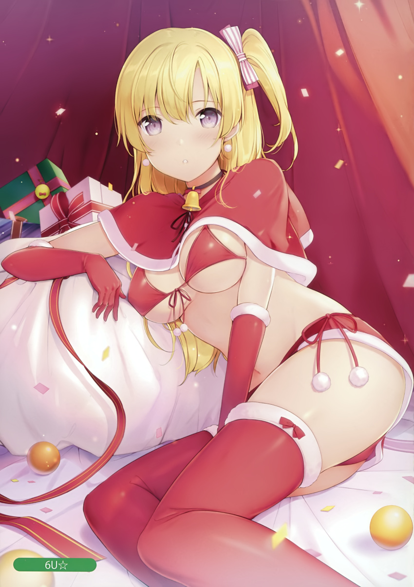 1girl 6u_(eternal_land) absurdres arm_support artist_name bangs bell blonde_hair blush bow box breasts capelet choker confetti earrings elbow_gloves eyebrows_visible_through_hair front-tie_bikini front-tie_top gift gift_box gloves hair_bow highres jewelry medium_breasts melonbooks midriff miniskirt navel parted_lips pom_pom_(clothes) ponytail red_legwear sack santa_costume scan side_ponytail sitting skirt solo thigh-highs thighs under_boob violet_eyes