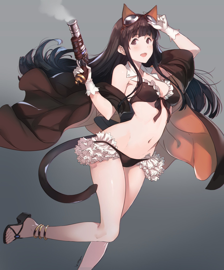 1girl adjusting_goggles animal_ears anklet bare_shoulders bikini black_hair blush brown_eyes cat_ears cat_tail frilled_bikini frills goggles goggles_on_head granblue_fantasy groin gun handgun highres jacket jessica_(granblue_fantasy) jewelry kagetomo_midori long_hair navel open_mouth pistol sandals simple_background smoke_trail solo swimsuit tail weapon