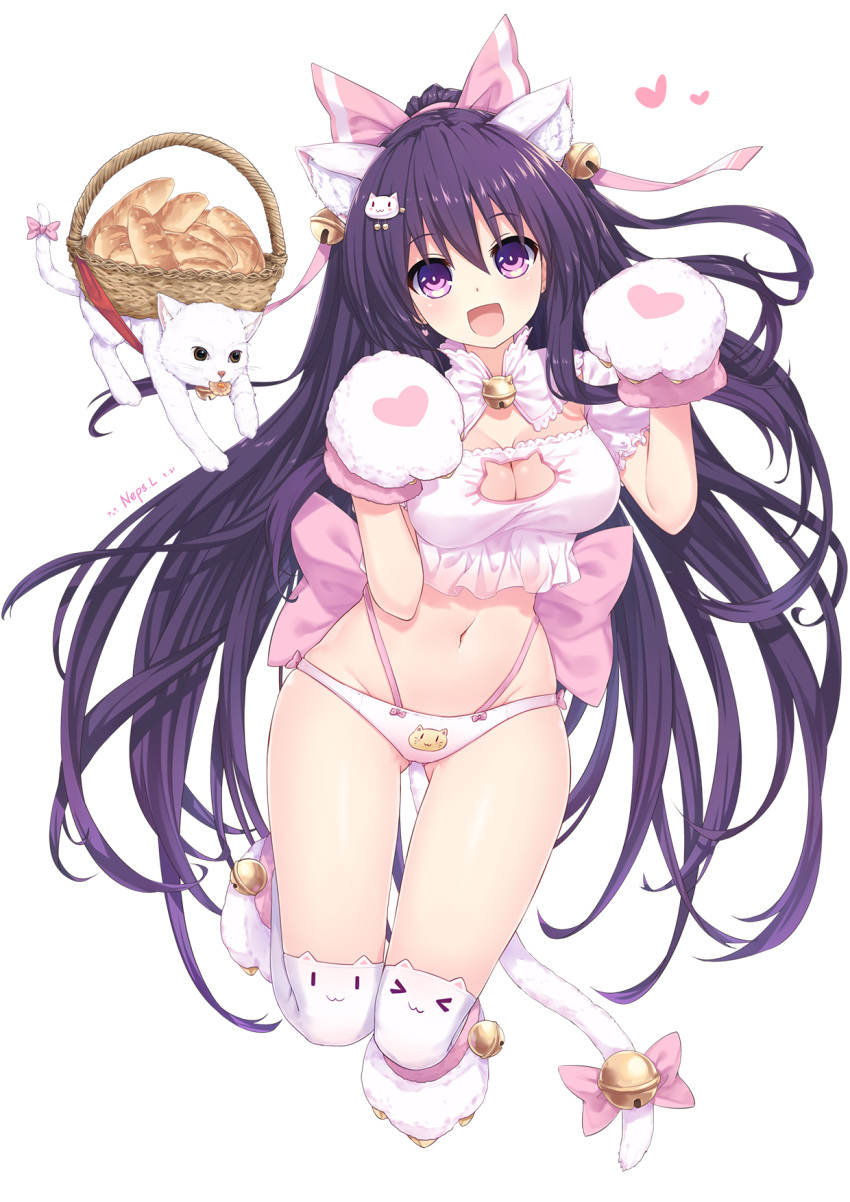 &gt;3&lt; 1girl :3 :d animal_ears animal_print basket bell bell_collar blush bra bread breasts cat cat_ears cat_hair_ornament cat_lingerie cat_panties cat_print cat_tail cleavage cleavage_cutout collar date_a_live food frilled_bra frills full_body gloves groin hair_ornament hair_ribbon hands_up heart heart_print highres long_hair looking_at_viewer medium_breasts meme_attire navel neps-l open_mouth panties paw_gloves paw_print paw_shoes paws pink_ribbon print_panties purple_hair ribbon shoes simple_background smile solo tail thigh-highs underwear very_long_hair violet_eyes white_background yatogami_tooka