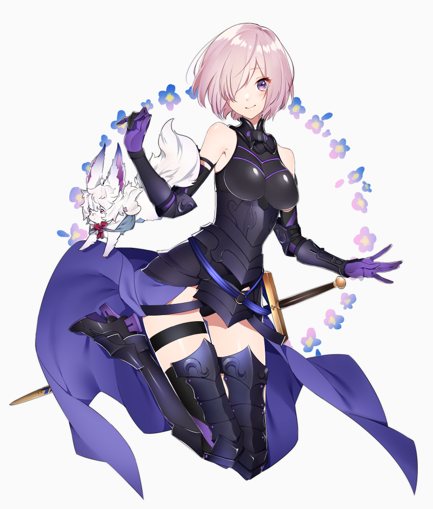 1girl arm_guards armor armored_boots armored_dress bangs bare_shoulders black_legwear boots breasts commentary elbow_gloves elbow_pads eyebrows_visible_through_hair fate/grand_order fate_(series) fou_(fate/grand_order) full_body gloves hair_over_one_eye hands_up high_heel_boots high_heels highres looking_at_viewer mash_kyrielight medium_breasts pink_hair sheath sheathed short_hair simple_background sino42 sleeveless smile solo sword thigh-highs thighs violet_eyes weapon white_background