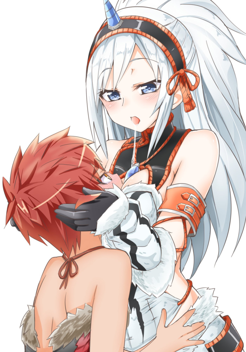 2girls armor backless_outfit blush character_request dress elbow_gloves fur fur_trim gloves hairband heart heart-shaped_pupils highres horn hug kirin_(armor) monster_hunter multiple_girls niwaka_potato open-back_dress open_mouth redhead saliva symbol-shaped_pupils tongue tongue_out white_hair yellow_eyes