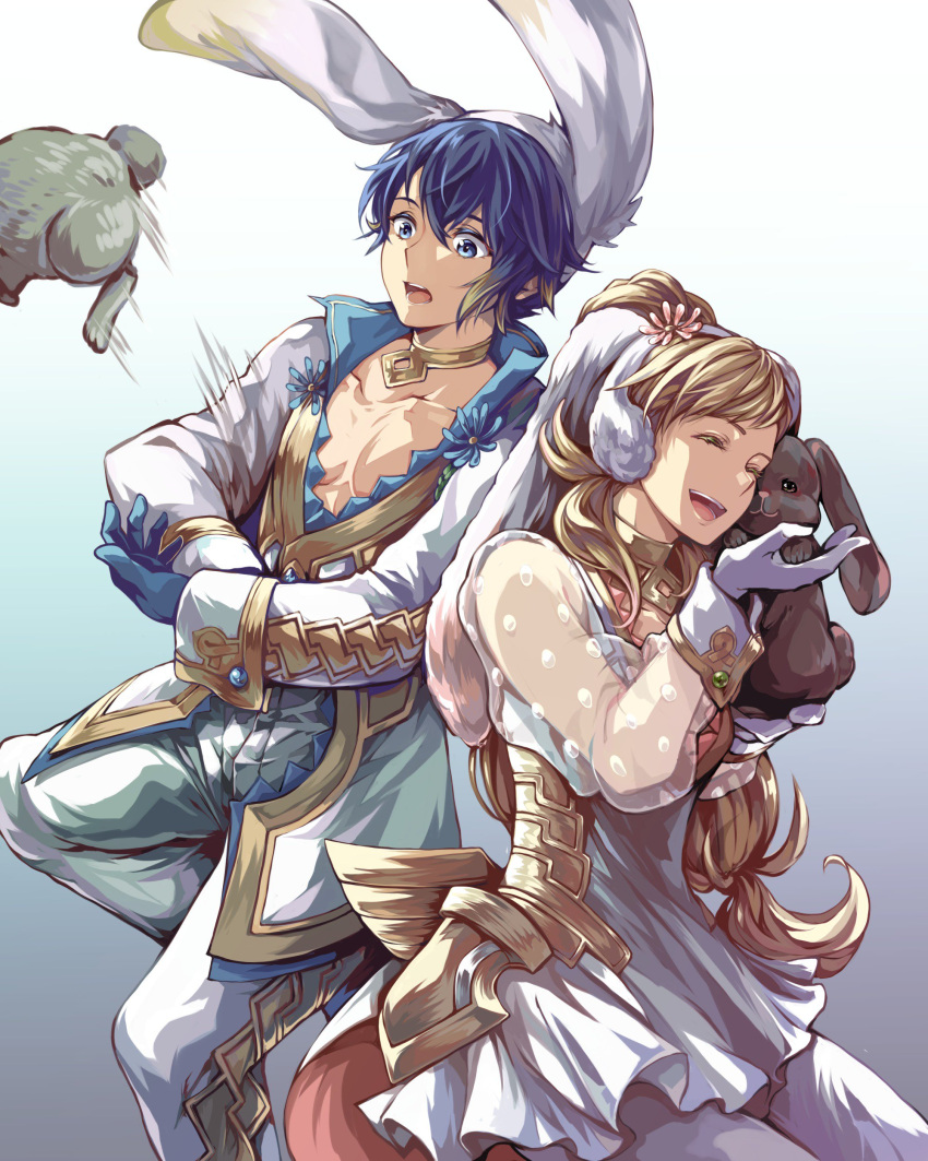 1boy 1girl absurdres alfonse_(fire_emblem) alternate_costume animal_ears blonde_hair blue_hair brother_and_sister choker closed_eyes cuddling dress earmuffs fake_animal_ears fire_emblem fire_emblem_heroes gradient gradient_background highres jin_(phoenixpear) long_hair pectorals rabbit rabbit_ears see-through sharena siblings simple_background smile white_dress