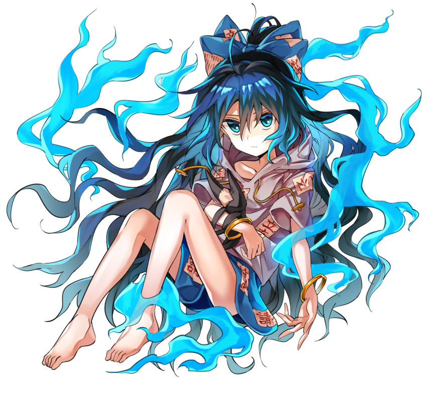 1girl bangle bare_legs barefoot blue_bow blue_eyes blue_hair blue_skirt bow bracelet debt drawstring expressionless full_body grey_hoodie hair_between_eyes hair_bow hood hood_down hoodie jewelry knees_up long_hair looking_at_viewer manarou miniskirt shiny shiny_hair sitting skirt solo stuffed_animal stuffed_cat stuffed_toy touhou transparent_background very_long_hair wavy_hair yorigami_shion