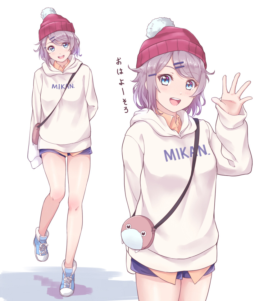 1girl :d arm_behind_back bag beanie blue_eyes blue_footwear blue_shorts clothes_writing grey_hair hair_ornament hairpin hand_up handbag hat highres hood hood_down hoodie kanabun long_sleeves looking_at_viewer love_live! love_live!_sunshine!! multiple_views open_mouth red_hat shoes short_hair short_shorts shorts sleeves_past_wrists smile sneakers solo standing standing_on_one_leg uchicchii watanabe_you waving white_hoodie