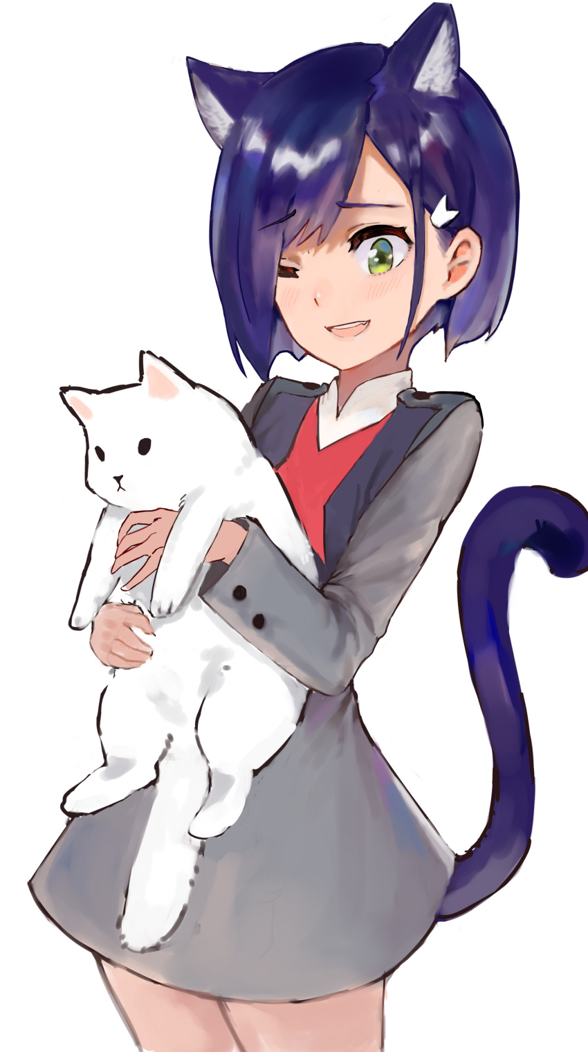 1girl absurdres animal_ears artist_request blue_hair cat cat_ears darling_in_the_franxx green_eyes hair_ornament hairclip highres holding holding_cat ichigo_(darling_in_the_franxx) one_eye_closed open_mouth short_hair simple_background standing tail uniform white_cat