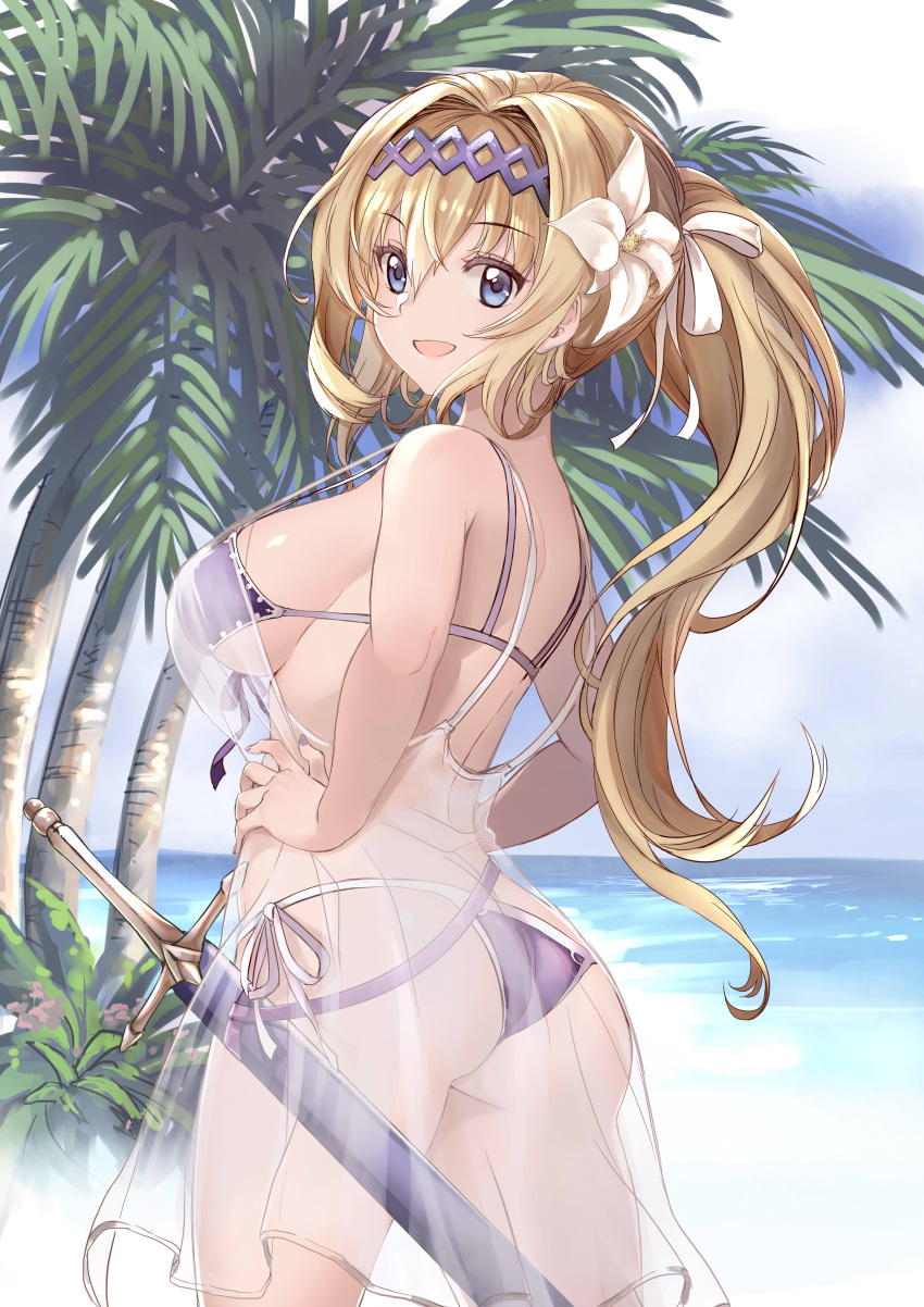 1girl absurdres ass bangs bare_arms bare_shoulders bikini blonde_hair blue_eyes blush breasts bush cowboy_shot day eyebrows_visible_through_hair flower front-tie_bikini front-tie_top granblue_fantasy hair_flower hair_intakes hair_ornament hairband hands_on_hips highres horizon jeanne_d'arc_(granblue_fantasy) kaorihero large_breasts long_hair looking_at_viewer nail_polish ocean outdoors palm_tree purple_bikini purple_hairband purple_nails purple_ribbon ribbon see-through sheath sheathed shiny shiny_hair shiny_skin side-tie_bikini sideboob solo standing strap_gap swimsuit tareme tree very_long_hair water white_ribbon