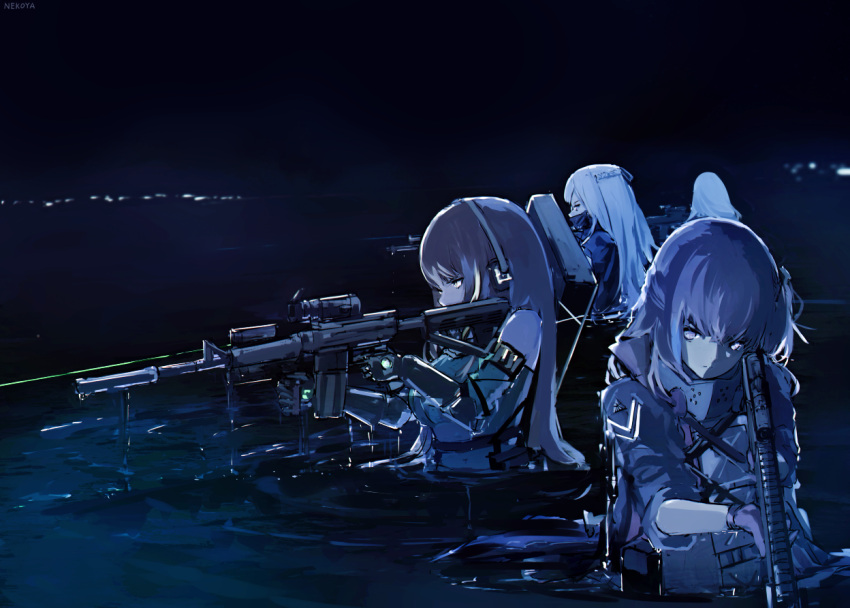 4girls ak-12_(girls_frontline) an-94_(girls_frontline) ar-15 assault_rifle dyolf girls_frontline gun gun_case m4_carbine m4a1_(girls_frontline) multiple_girls night peq-box rifle st_ar-15_(girls_frontline) suppressor water weapon