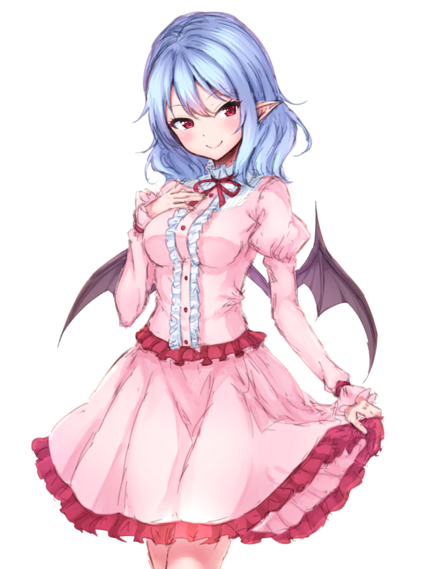 1girl bangs bat_wings black_wings blue_eyes blush breasts center_frills cowboy_shot eyebrows_visible_through_hair frilled_shirt frilled_skirt frills hand_on_own_chest highres juliet_sleeves junior27016 long_sleeves looking_at_viewer medium_breasts medium_hair medium_skirt neck_ribbon pink_shirt pink_skirt pointy_ears puffy_sleeves red_eyes red_neckwear red_ribbon remilia_scarlet ribbon shirt simple_background sketch skirt skirt_hold solo standing touhou tsurime white_background wings