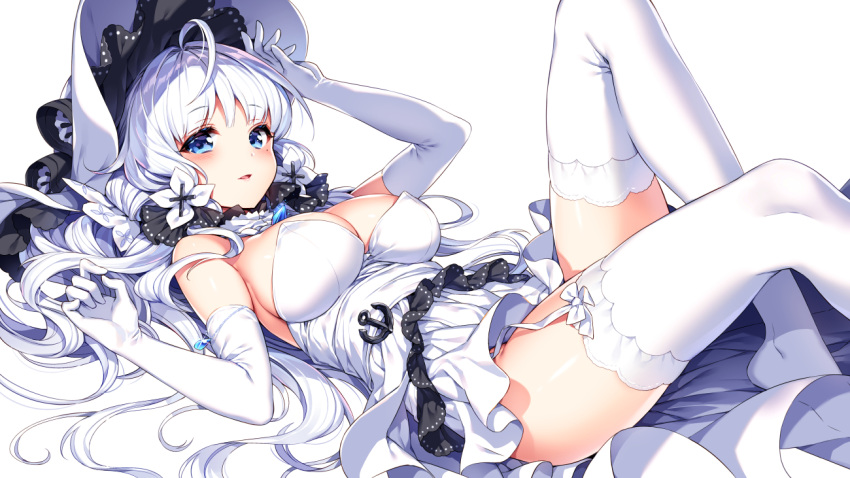 1girl anchor azur_lane bangs bare_shoulders blue_eyes blush breasts bubble cleavage commentary_request detached_collar dress elbow_gloves eyebrows_visible_through_hair flower garter_straps gloves hat illustrious_(azur_lane) large_breasts long_hair looking_at_viewer lying mole mole_under_eye nardack on_back parted_lips short_dress simple_background solo strapless strapless_dress thigh-highs very_long_hair white_background white_dress white_gloves white_hair white_legwear