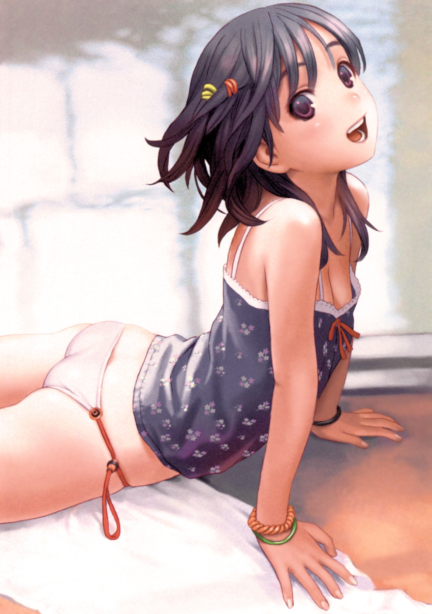1girl :d absurdres arm_support ass bangs bare_shoulders black_hair blurry blurry_background blush bracelet breasts camisole cleavage face floral_print from_side hair_ornament hands highres jewelry looking_at_viewer looking_to_the_side lying murata_renji no_pants on_stomach open_mouth panties side-tie_panties sleeveless small_breasts smile solo string_panties tareme teeth underwear underwear_only violet_eyes white_panties