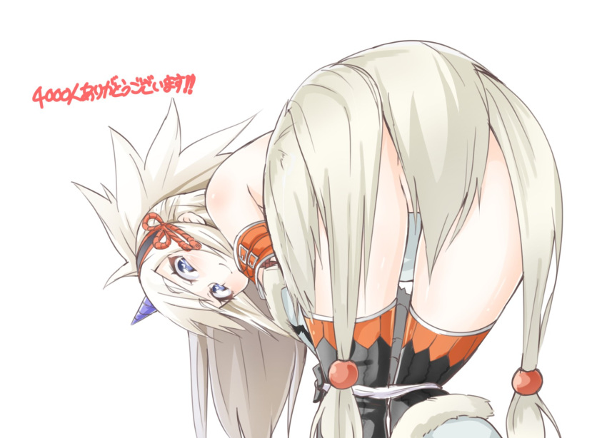 1girl ass bent_over blush hairband highres horn kirin_(armor) looking_at_viewer looking_back monster_hunter niwaka_potato open_mouth solo strapless tubetop white_hair