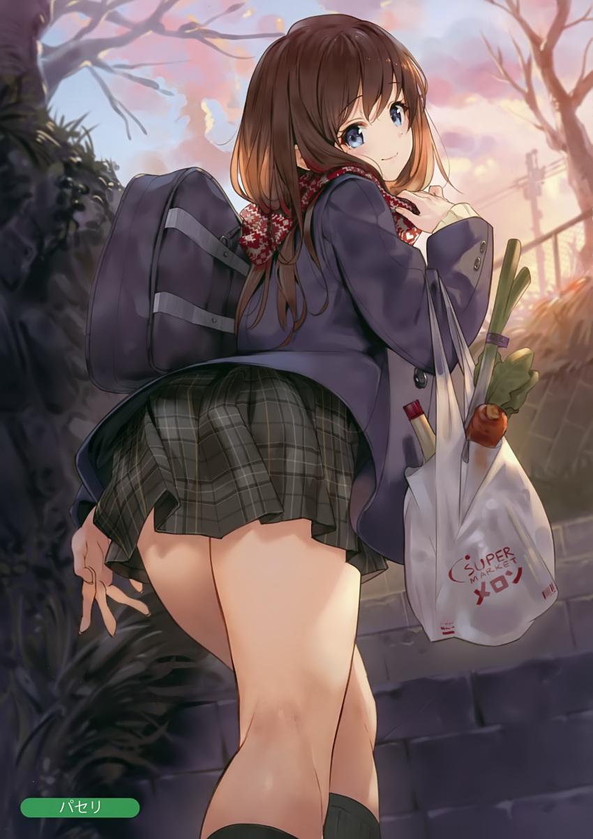 1girl absurdres artist_name bag bangs blazer blue_eyes brown_hair buttons eyebrows_visible_through_hair fingernails food from_behind highres holding jacket long_hair long_sleeves looking_at_viewer looking_back melonbooks outdoors paseri pleated_skirt scan scarf school_bag school_uniform skirt smile solo stairs tree_branch