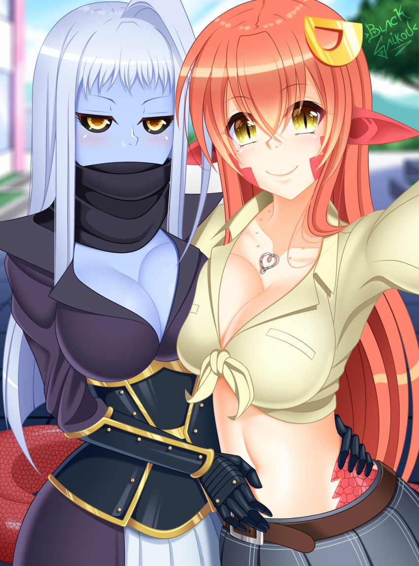 2girls absurdres ahoge artist_name belt black_scarf black_sclera blacksaikou blue_hair blue_skin blurry blurry_background breasts cleavage collarbone commentary day gauntlets hair_between_eyes hair_ornament hairclip hand_on_another's_waist highres jewelry lala_(monster_musume) lamia large_breasts long_hair looking_at_viewer midriff miia_(monster_musume) monster_girl monster_musume_no_iru_nichijou multiple_girls necklace outdoors outstretched_arm pointy_ears redhead scales scarf shirt skirt slit_pupils smile tied_shirt yellow_eyes