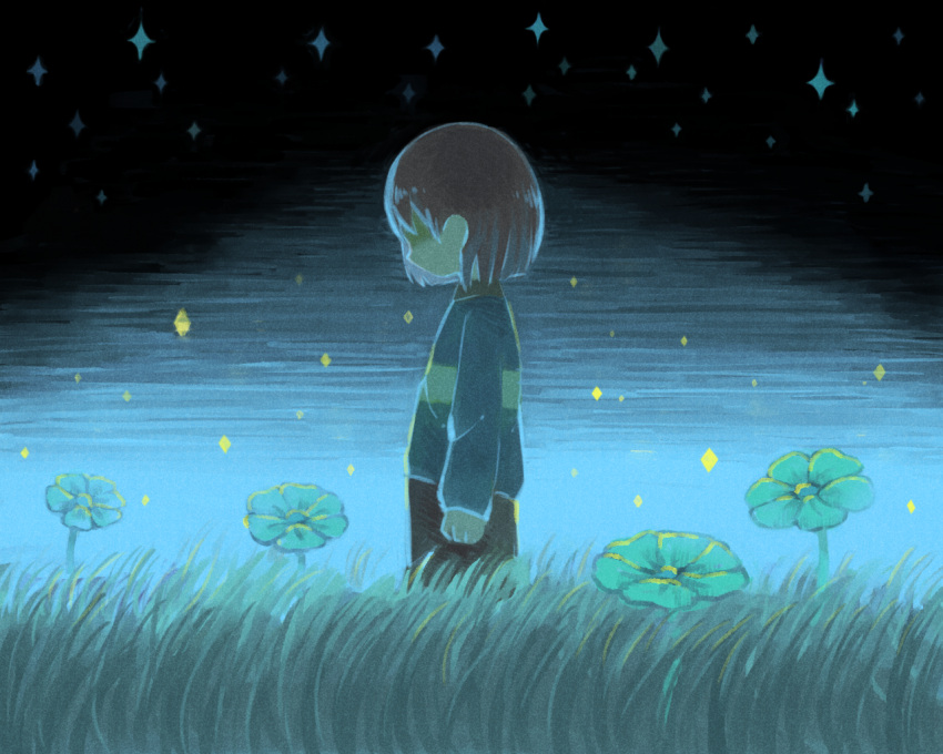 androgynous chara_(undertale) dark from_side grass long_sleeves sasa_kichi shaded_face solo sweater undertale