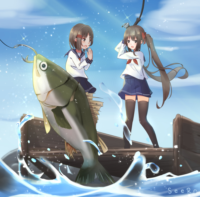 2girls animal artist_name blue_skirt blue_sky bow brown_eyes brown_hair clouds commentary_request day fish fishing fishing_hook fishing_line fishing_rod hair_bow hair_ornament hairclip holding holding_fishing_rod long_hair long_sleeves multiple_girls neckerchief original outdoors pleated_skirt red_bow red_neckwear school_uniform seero serafuku shirt skirt sky standing twintails very_long_hair water white_shirt