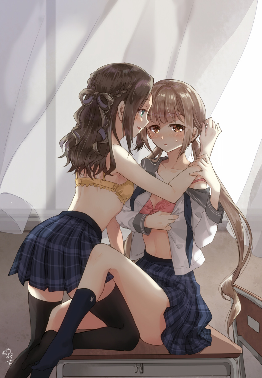 2girls :d adjusting_another's_hair aqua_eyes bangs bare_arms bare_shoulders black_legwear blue_skirt blush bra braid breasts brown_eyes brown_hair chair classroom collarbone curtains desk eyebrows_visible_through_hair flat_chest hair_rings highres indoors knee_up kneehighs leaning_forward light_brown_hair light_frown long_hair long_sleeves looking_at_viewer low_twintails miniskirt multiple_girls navel nekozuki_yuki no_shoes off_shoulder on_table open_clothes open_mouth open_shirt original pink_bra plaid plaid_skirt pleated_skirt profile school_chair school_desk school_uniform serafuku shiny shiny_hair shirt sidelocks sitting skirt small_breasts smile stomach strap_slip sweatdrop table tareme thigh-highs twintails underwear undone_neckerchief undressing very_long_hair wavy_hair white_shirt yellow_bra yuri zettai_ryouiki