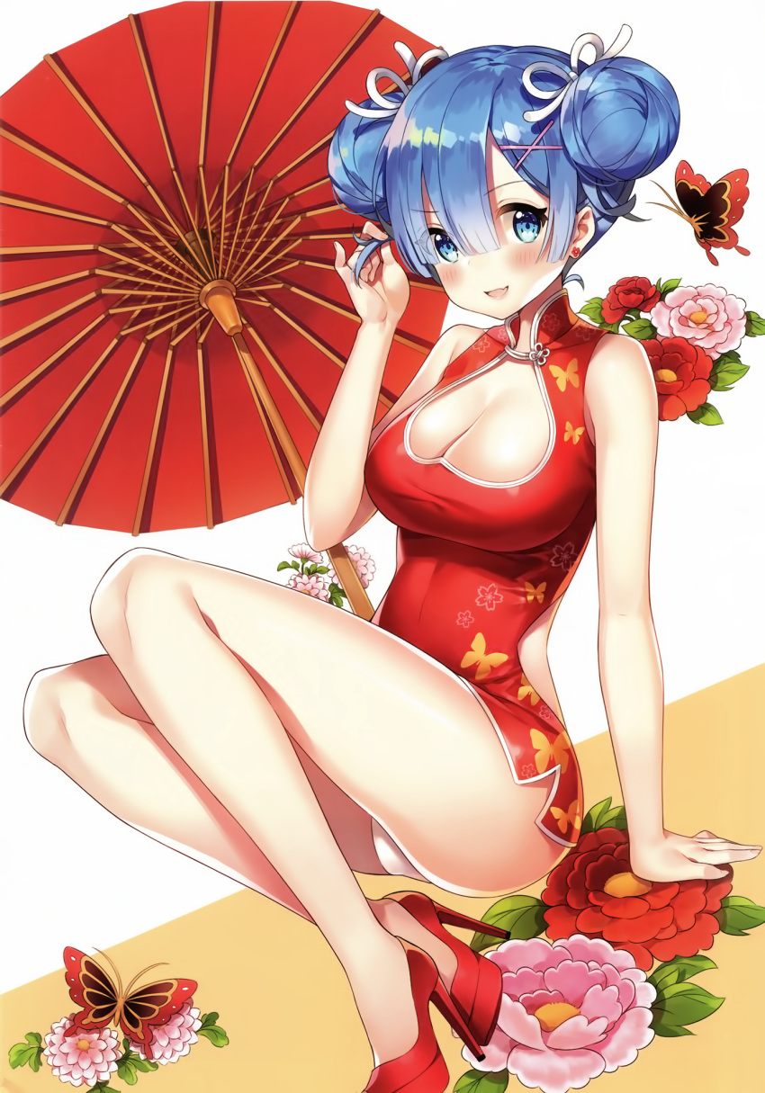 1girl :d adjusting_hair alternate_hairstyle animal_print arm_at_side ayami backless_outfit blue_eyes blue_hair blush breasts butterfly butterfly_print camellia china_dress chinese_clothes cleavage cleavage_cutout double_bun dress earrings flower flower_earrings full_body hair_between_eyes hand_in_hair hand_up high_heels highres invisible_chair jewelry large_breasts looking_at_viewer medium_breasts no_legwear open-back_dress open_mouth oriental_umbrella panties pantyshot pantyshot_(sitting) re:zero_kara_hajimeru_isekai_seikatsu red_dress red_flower red_footwear rem_(re:zero) scan short_dress short_hair sitting smile solo thighs two-tone_background umbrella underwear v-shaped_eyebrows white_panties