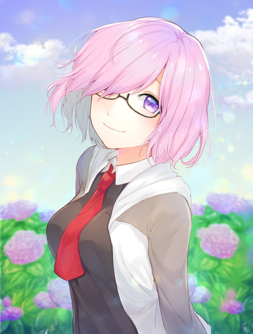 1girl black-framed_eyewear black_dress breasts clouds cloudy_sky collar commentary_request dress fate/grand_order fate_(series) floral_background glasses hair_over_one_eye highres jacket looking_at_viewer mash_kyrielight mizuiro_32 necktie pink_hair red_neckwear short_hair sky smile solo violet_eyes