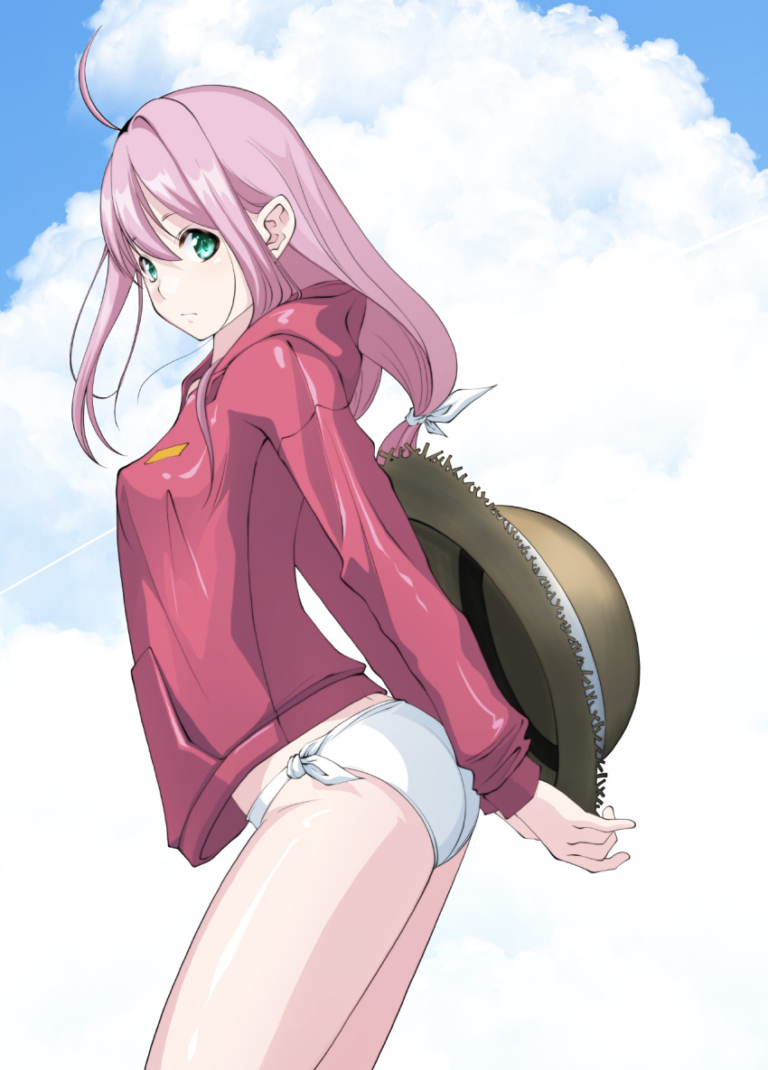1girl ahoge aqua_eyes blue_sky bow breasts closed_mouth clouds commentary condensation_trail hair_bow hat highres hood hoodie kagamihara_nadeshiko large_breasts locks long_hair looking_at_viewer outdoors pink_hair red_hoodie sky solo sun_hat swimsuit tomcat white_bikini_bottom white_bow white_swimsuit yurucamp