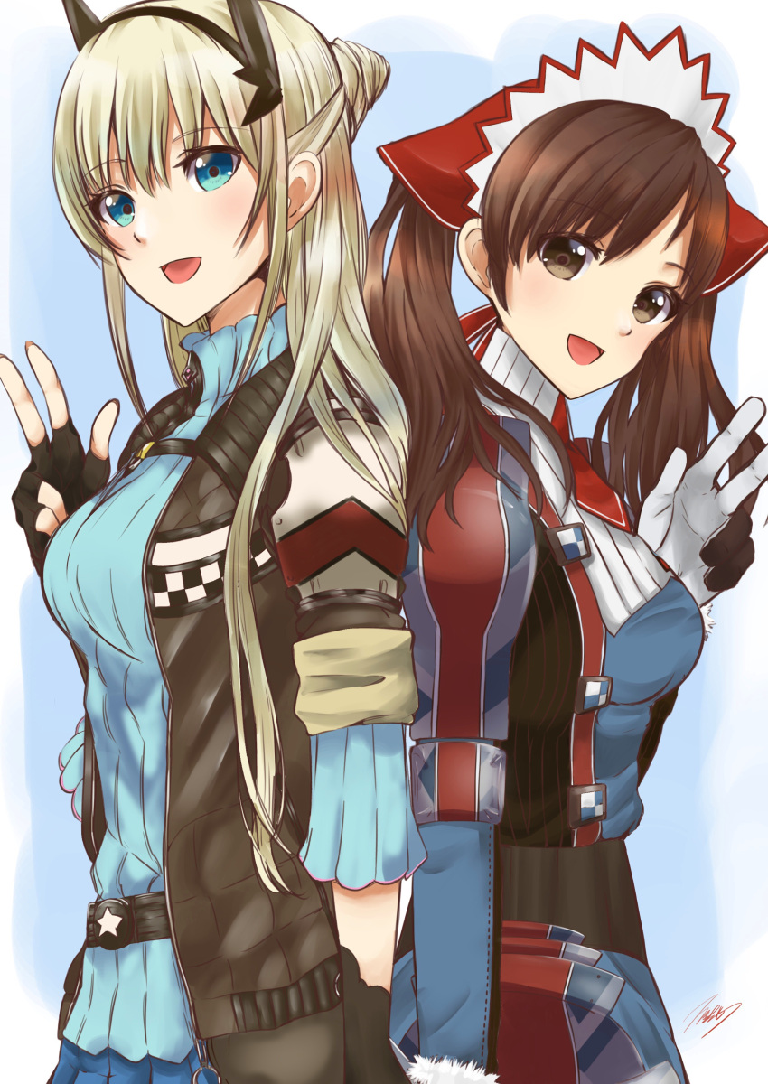 2girls absurdres alicia_melchiott bangs blonde_hair blue_eyes blush brown_eyes brown_hair gloves headdress highres jacket long_hair looking_at_viewer mar0maru military military_uniform multiple_girls open_mouth pantyhose pleated_skirt reiley_miller ribbed_sweater senjou_no_valkyria senjou_no_valkyria_1 senjou_no_valkyria_4 simple_background skirt smile sweater twintails uniform white_background