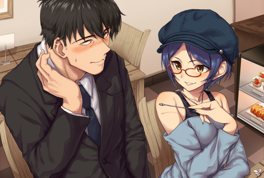 1girl absurdres bare_shoulders black_eyes black_hair black_jacket blue_hair blue_hat blue_sweater blush cabbie_hat cafe checkered checkered_floor closed_eyes collarbone collared_shirt earrings eye_contact fingernails food formal glasses hat hayami_kanade highres idolmaster idolmaster_cinderella_girls indoors jacket jewelry lips long_fingernails long_sleeves looking_at_another looking_to_the_side morino_shoutarou nail_polish necklace nose_blush off-shoulder_sweater on_chair parted_lips pink_nails producer_(idolmaster_cinderella_girls_anime) red-framed_eyewear shirt short_hair sitting smile solo suit sweat sweater table tile_floor tiles triangle_earrings upper_body v-shaped_eyebrows white_shirt wing_collar wooden_chair yellow_eyes