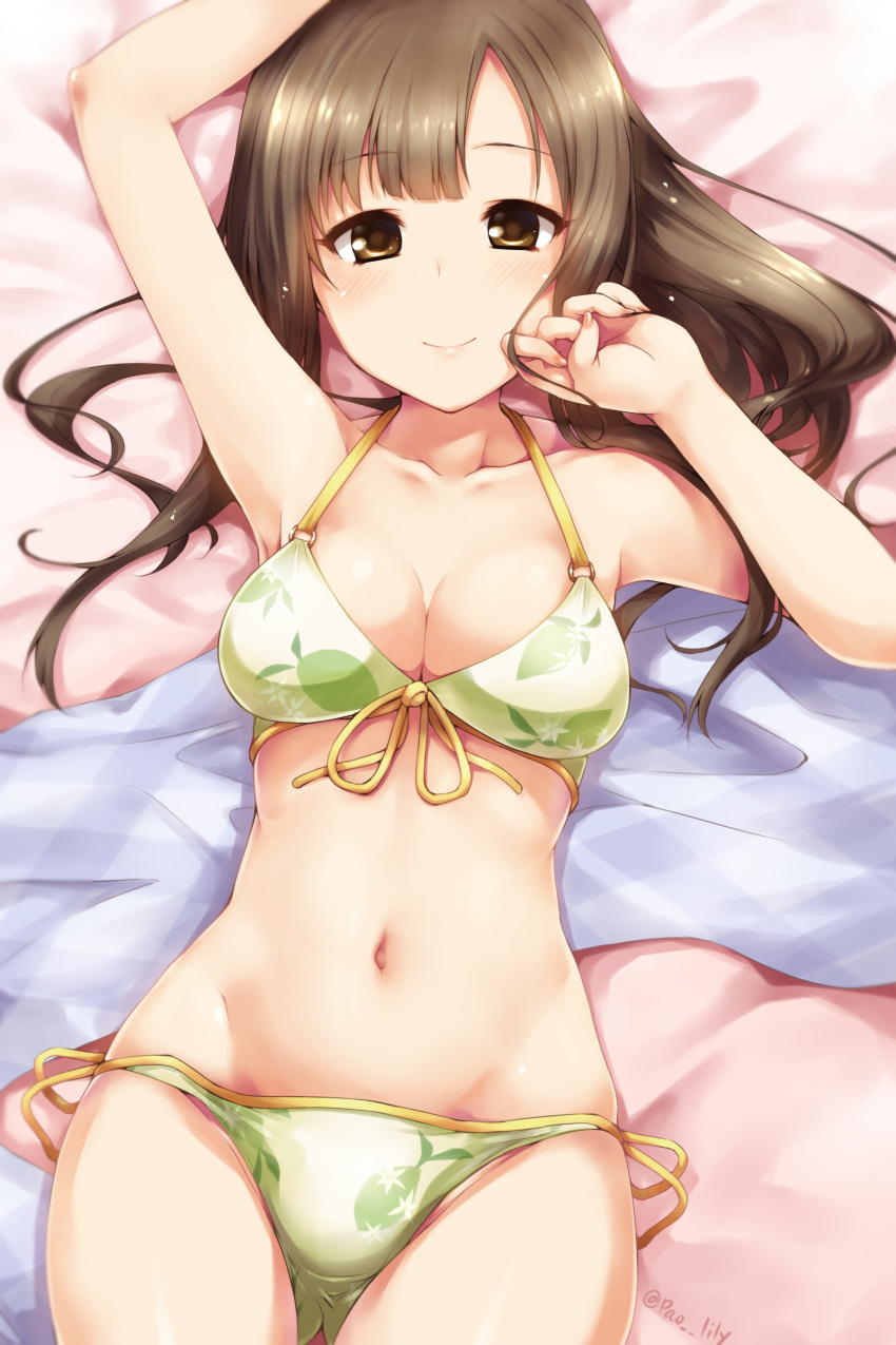 1girl absurdres arm_up asymmetrical_bangs bangs bikini breasts brown_eyes cleavage closed_mouth cowboy_shot eyebrows_visible_through_hair front-tie_bikini front-tie_top green_bikini halterneck hand_to_own_mouth highres idolmaster idolmaster_cinderella_girls idolmaster_cinderella_girls_starlight_stage long_hair lying medium_breasts mizumoto_yukari navel o-ring_bikini o-ring_top on_back paopao side-tie_bikini smile solo swimsuit twitter_username