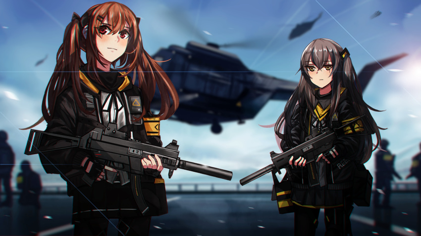 aircraft armband bangs black_gloves black_jacket black_legwear black_ribbon black_skirt blurry blush brown_eyes brown_hair closed_mouth depth_of_field eossim eyebrows_visible_through_hair eyes fingerless_gloves floating_hair girls_frontline gloves gun hair_between_eyes hair_ornament hairclip heckler_&amp;_koch helicopter highres hood hooded_jacket jacket jitome lens_flare long_hair looking_at_viewer multiple_boys multiple_girls neck_ribbon one_side_up pantyhose pleated_skirt ribbon scar scar_across_eye sidelocks skirt smile submachine_gun supressor tareme twintails ump45_(girls_frontline) ump9_(girls_frontline) weapon wind wind_lift yellow_eyes