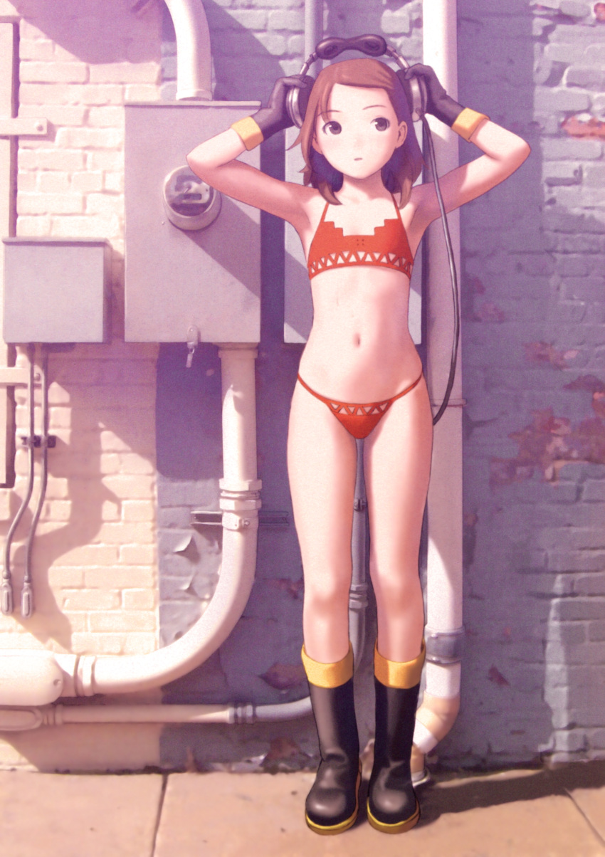 1girl absurdres armpits arms_up bare_shoulders bikini black_eyes black_footwear black_gloves boots brick_wall brown_hair building cable crossed_arms day flat_chest forehead full_body futuregraph gloves headphones headphones_removed highres holding_headphones looking_at_viewer murata_renji navel outdoors pipes red_bikini rubber_boots scan shadow short_hair solo standing stomach sunlight swimsuit tareme