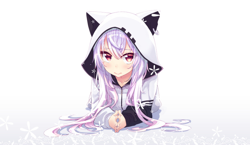 1girl absurdres akino_sora animal_ears animal_hood bangs cat_ears cat_hood closed_mouth collarbone commentary_request copyright_request eyebrows_visible_through_hair fingernails fingers_together hair_between_eyes highres hood hood_up hoodie long_hair long_sleeves looking_at_viewer lying on_stomach purple_hair red_eyes solo very_long_hair virtual_youtuber white_background white_hoodie