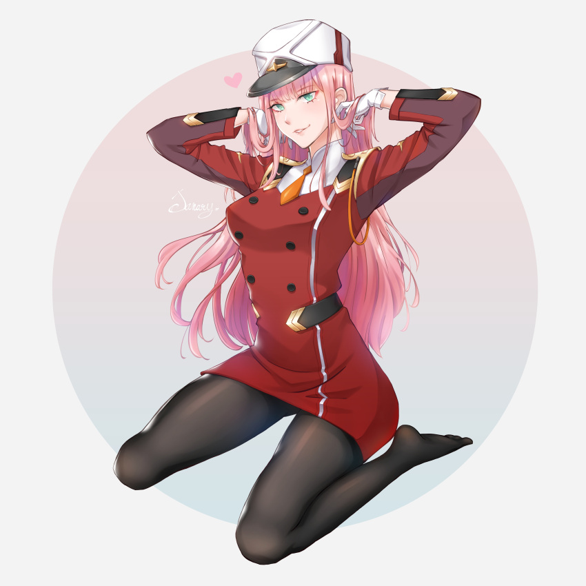 1girl absurdres bangs black_legwear darling_in_the_franxx eyebrows_visible_through_hair green_eyes hat highres kneeling long_hair looking_at_viewer pantyhose parted_lips pink_hair signature solo uniform user_prcj3453 zero_two_(darling_in_the_franxx)