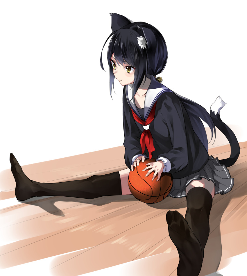 1girl animal_ears bangs basketball bell black_hair black_legwear black_shirt cat_ears cat_girl cat_tail closed_mouth collarbone commentary_request eyebrows_visible_through_hair full_body grey_skirt hair_bell hair_between_eyes hair_ornament highres jingle_bell long_hair long_sleeves looking_away low_ponytail neckerchief no_shoes nuqura original pleated_skirt ponytail red_neckwear school_uniform serafuku shirt sidelocks sitting skirt soles solo spread_legs tail thigh-highs very_long_hair white_background wooden_floor yellow_eyes