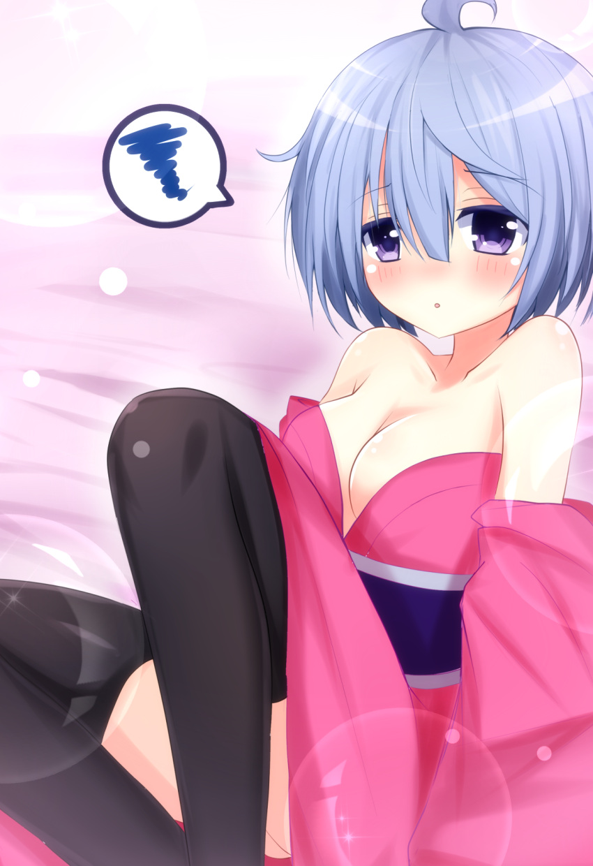1girl ahoge bare_shoulders blue_eyes blue_hair blush breasts character_request cleavage flower_knight_girl frown highres japanese_clothes kimono looking_at_viewer open_mouth shironeko_haru short_hair solo thigh-highs