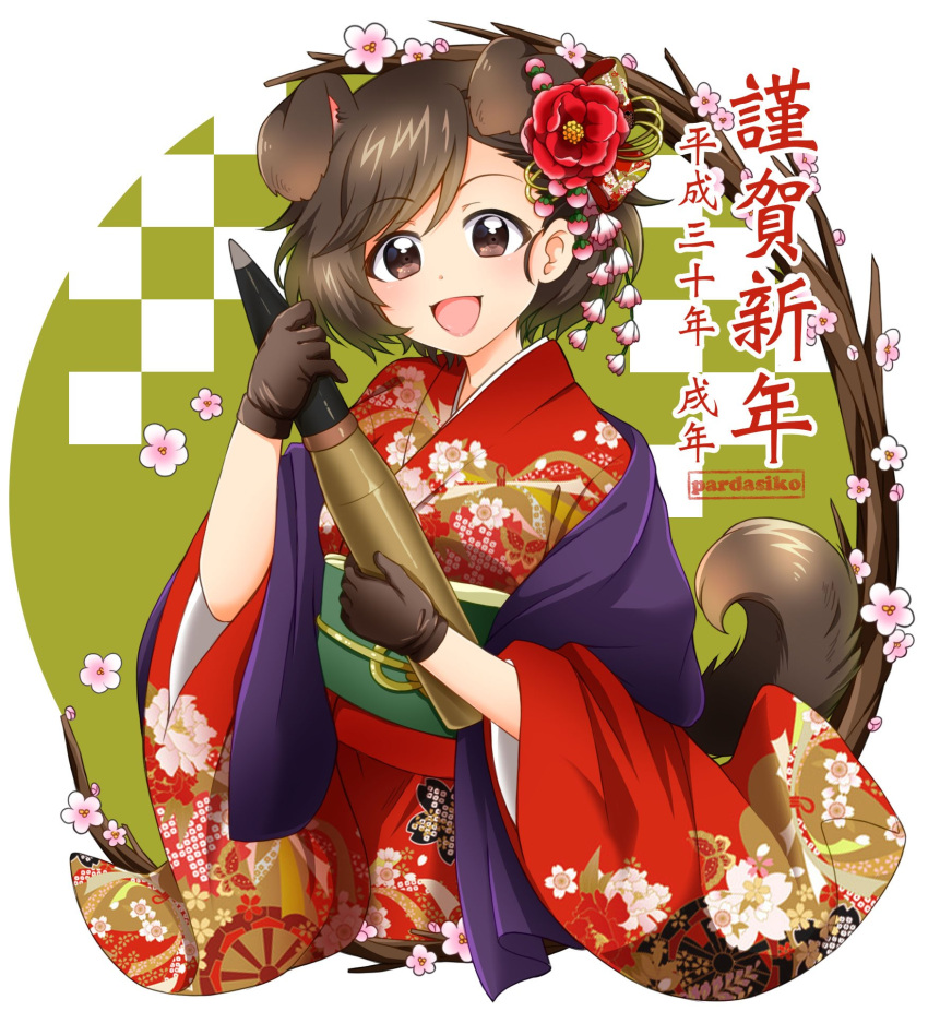 1girl :d akiyama_yukari animal_ears artist_name bangs black_gloves blue_shawl brown_eyes brown_hair commentary_request dog_ears dog_tail eyebrows_visible_through_hair floral_print flower girls_und_panzer gloves hair_flower hair_ornament happy_new_year highres holding japanese_clothes kimono long_sleeves looking_at_viewer messy_hair new_year open_mouth parda_siko print_kimono red_kimono shawl short_hair smile solo standing tail tank_shell translated upper_body wide_sleeves year_of_the_dog