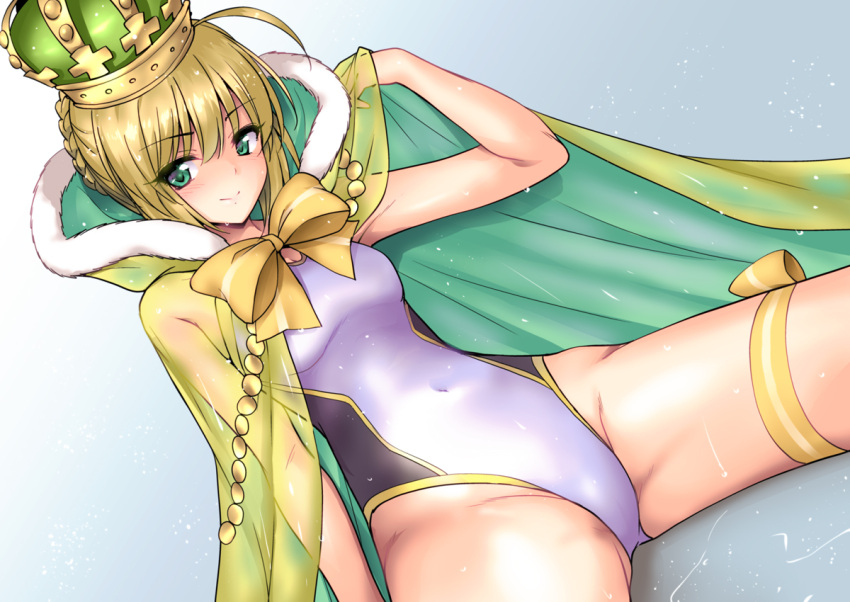 1girl ahoge arm_support artoria_pendragon_(all) bangs bare_arms blonde_hair blush bow braid breasts cape closed_mouth competition_swimsuit covered_navel crown dutch_angle eyebrows_visible_through_hair fate/grand_order fate_(series) fur-trimmed_cape fur_trim gradient gradient_background green_cape green_eyes grey_background hand_up highleg highleg_swimsuit light_particles marugoshi_(54burger) one-piece_swimsuit ribbon saber see-through short_hair sidelocks sitting small_breasts smile solo swimsuit thigh_ribbon thighs white_swimsuit yellow_bow yellow_ribbon