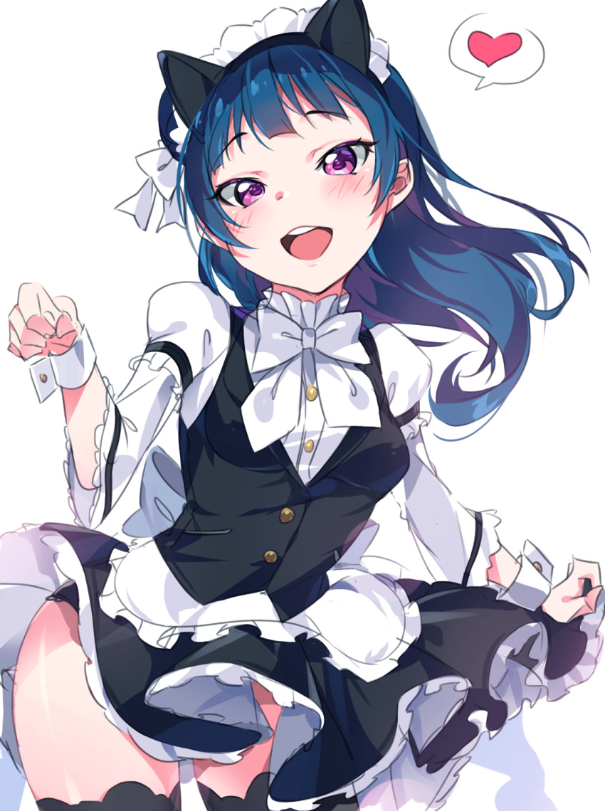 1girl :d animal_ears apron black_legwear black_panties black_skirt black_vest blue_hair blush bow bowtie cat_ears commentary cowboy_shot hair_bow hairband heart highres long_hair looking_at_viewer love_live! love_live!_sunshine!! maid maid_headdress open_mouth panties pantyshot pantyshot_(standing) paw_pose side_bun skirt skirt_hold smile solo spoken_heart standing tem10 thigh-highs tsushima_yoshiko underwear vest violet_eyes waist_apron white_background white_bow white_neckwear wrist_cuffs