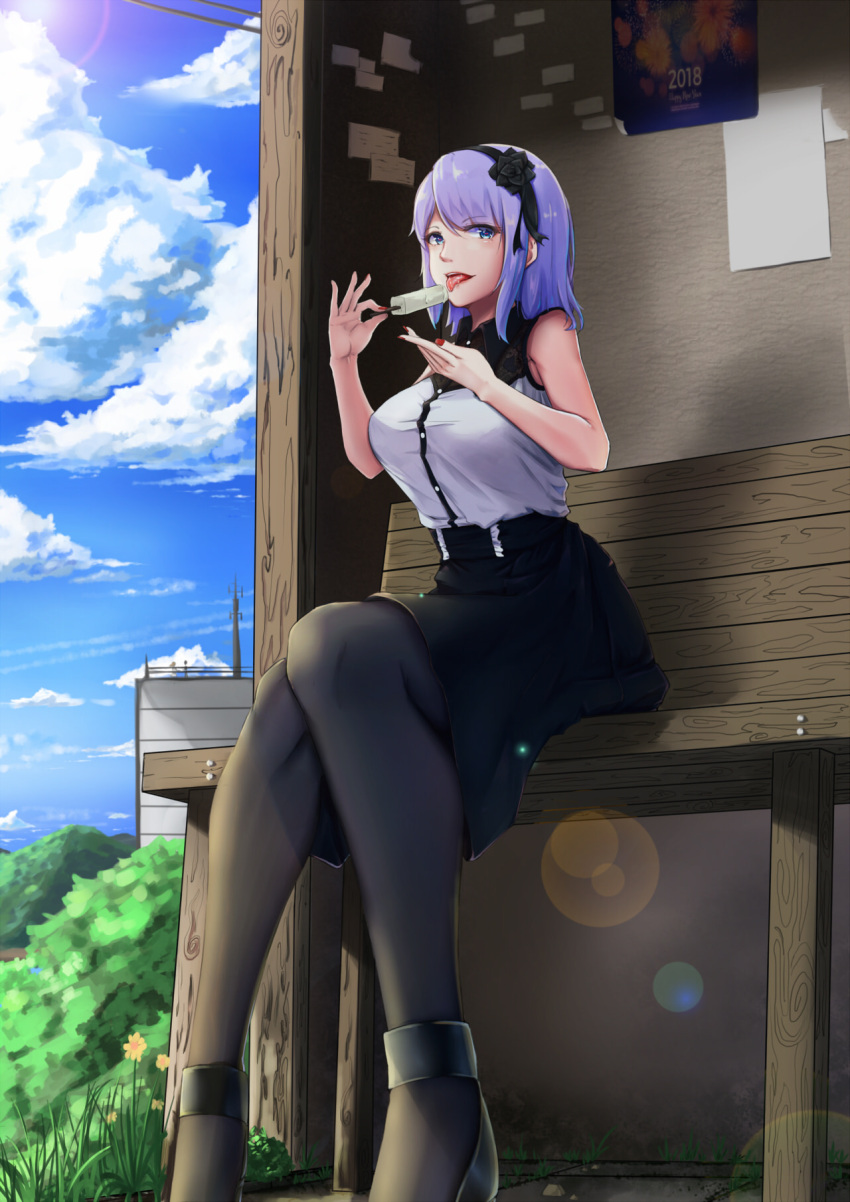 1girl bench black_flower black_rose dagashi_kashi ear_piercing flower food hair_flower hair_ornament hairband high-waist_skirt highres j.xh nail_polish piercing popsicle purple_hair red_nails ringed_eyes rose sexually_suggestive shidare_hotaru skirt solo suspender_skirt suspenders umaibou