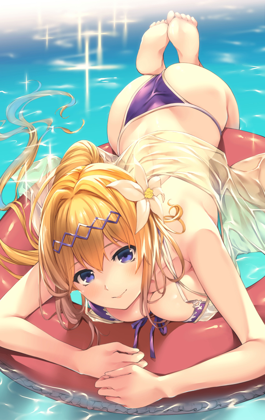 1girl afloat akanagi_youto ass back bangs bare_shoulders barefoot bikini blush breast_press breasts cleavage closed_mouth collarbone day eyebrows_visible_through_hair feet_up flower foreshortening front-tie_bikini front-tie_top granblue_fantasy hair_flower hair_ornament hairband head_tilt high_ponytail highres innertube jeanne_d'arc_(granblue_fantasy) large_breasts lips long_hair looking_at_viewer outdoors ponytail purple_bikini purple_hairband purple_ribbon ribbon see-through shiny shiny_hair smile soles solo sparkle swimsuit very_long_hair water