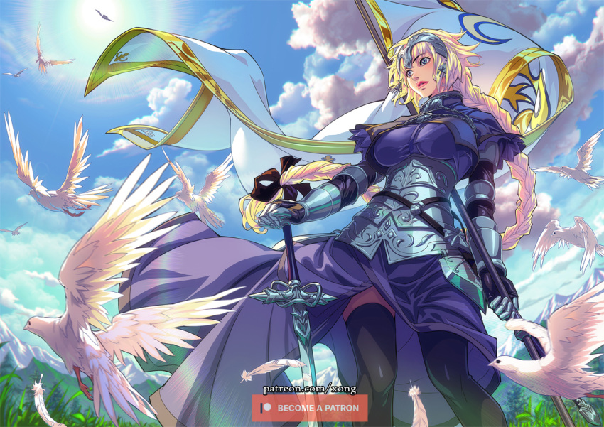 armor armored_dress bird blonde_hair blue_eyes blue_sky bow braid capelet chains clouds dove dual_wielding fate/apocrypha fate/grand_order fate_(series) faulds feathers flag flying from_below gauntlets grass hair_bow hair_ribbon headpiece jeanne_d'arc_(fate) jeanne_d'arc_(fate)_(all) long_braid long_hair mountain mountainous_horizon plackart planted_sword planted_weapon ribbon single_braid sky sun sunlight sword thigh-highs thighs very_long_hair weapon xong