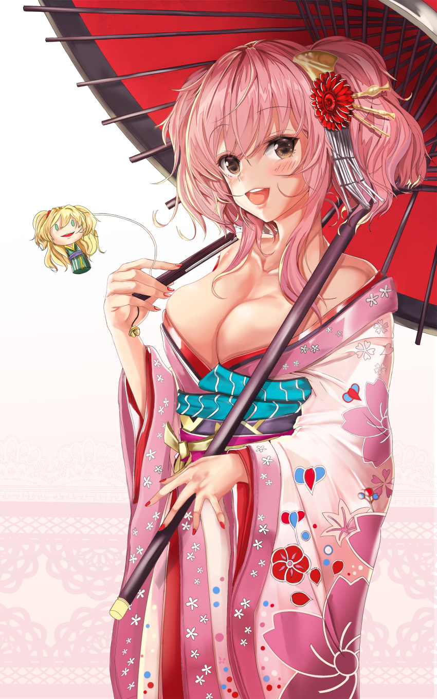 1girl :d absurdres blush breasts brown_eyes character_doll cleavage commentary_request hair_ornament highres idolmaster idolmaster_cinderella_girls idolmaster_cinderella_girls_starlight_stage japanese_clothes jougasaki_mika jougasaki_rika kimono large_breasts looking_at_viewer moonbo nail_polish off_shoulder open_mouth oriental_umbrella pink_hair pink_kimono red_nails short_twintails smile solo twintails umbrella