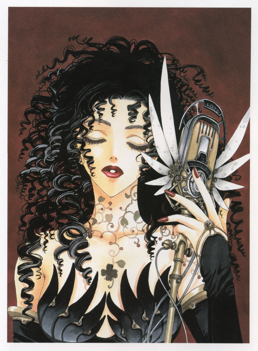 1girl absurdres bare_shoulders black_hair breasts clamp clover clover_(manga) collarbone curly_hair detached_sleeves drill_hair earrings eyebrows eyelashes highres holding jewelry lipstick long_hair makeup mechanical_wings medium_breasts microphone nail_polish official_art oruha parted_lips red_nails scan simple_background solo steampunk tattoo traditional_media wings